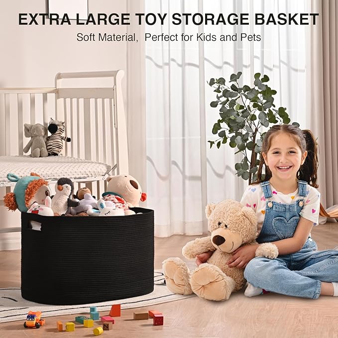 Large Black Blanket Basket, Storage Baskets for Blankets, Woven Baskets for Storage, Woven Cotton Rope Basket for Toys, Clothes, Shoes, Books, Black, 25”x16”x16” (105L)