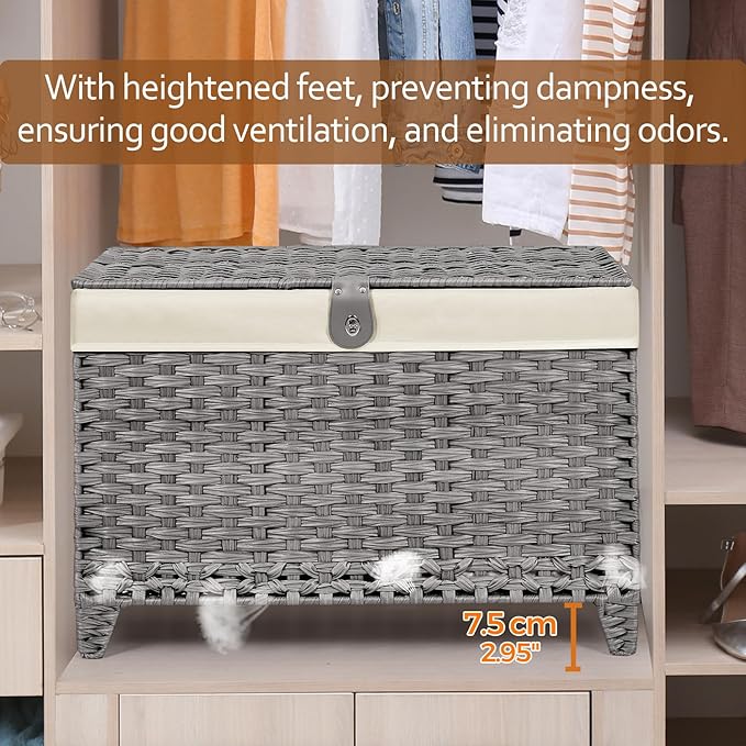 Wicker Storage Basket with Lid,Rattan Shelf Basket with Removable Liner Bag,200L Storage Bin,Storage Trunk with Heightened Feet,Storage Container for Wardrobe,Home Organizer
