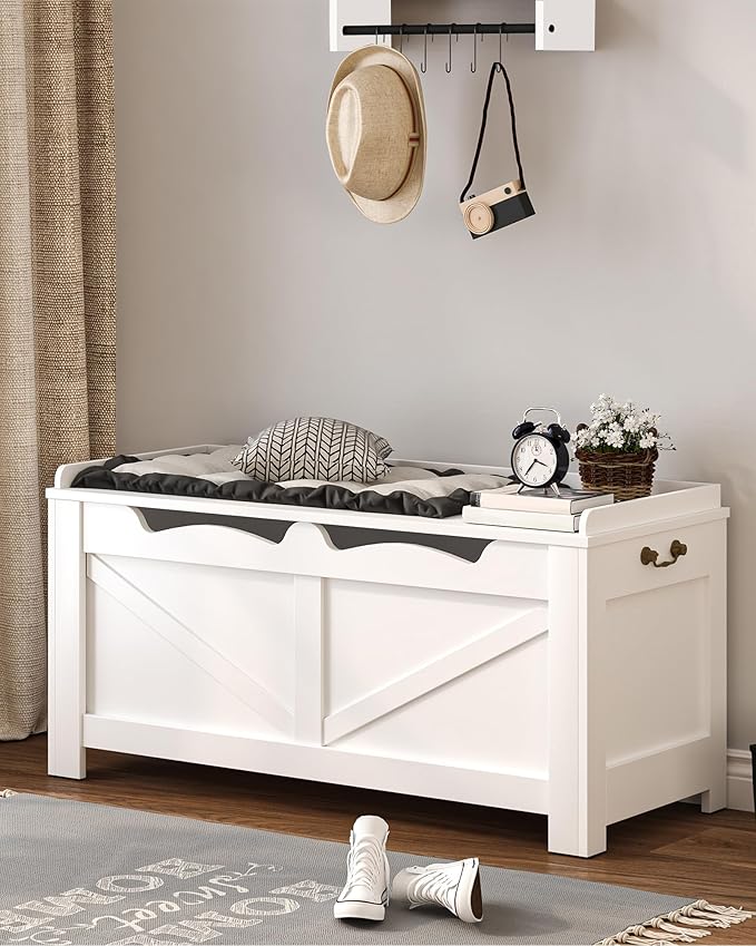 39.4" Storage Chest, Extra Large Storage Trunk with 2 Hinges, Wooden Box Bench, Lift-Top Organizer Chest, Shoe Bench for Entryway, Bedroom, Living Room, White SB04503X