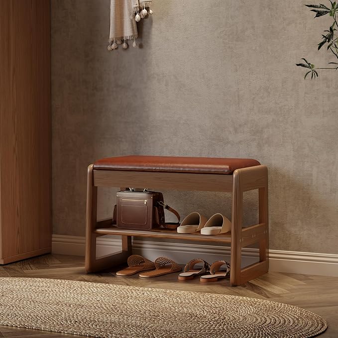 AQIMUELE Small Shoe Rack Bench,2 Tiers Shoe Bench with Storage with Flip-Top,Wood Shoe Rack for Entryway,Hallway（Orange Upholstered Seat）