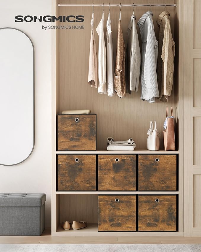 SONGMICS Storage Cubes, Set of 6 Storage Bins with Handles, Foldable Oxford Fabric and Non-Woven Fabric Storage Boxes, 13x13x13 Inches, Fit Cube Storage Unit, Rustic Brown URFB133B01