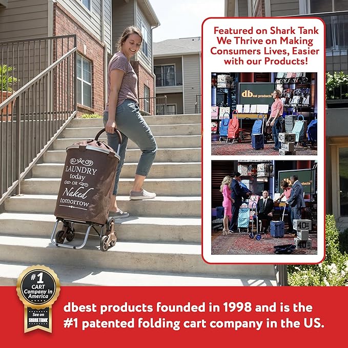 dbest products Stair Climber Laundry Trolley Dolly, Brown Laundry Bag Hamper Basket cart with wheels sorter