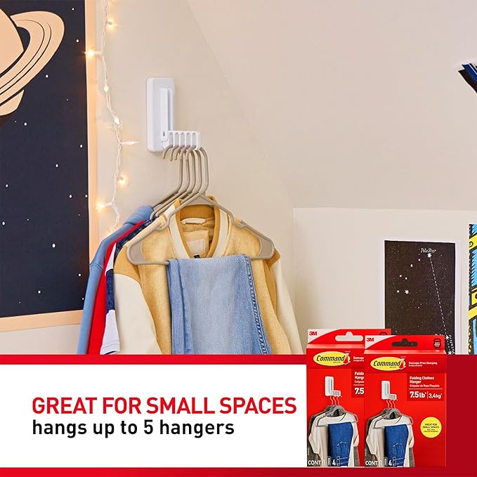 Command Folding Clothes Hanger, Holds up to 5 Hangers 7.5 lb, 1.5lbs per Rung, 1 Hook with 5 Rungs, 4 Strips, Closet Organizer, Home Organization (2 Pack)