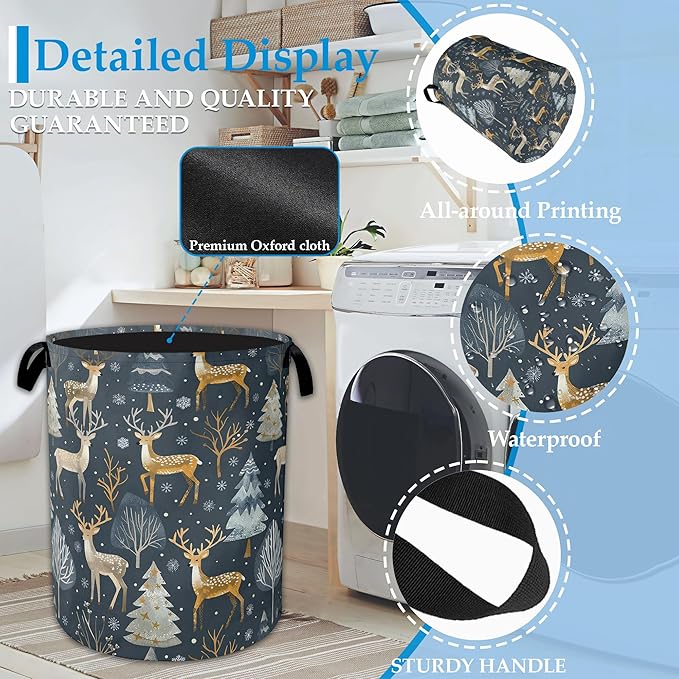 Woodland Deer Laundry Basket Collapsible Laundry Hamper, Oxford Cloth Storage Bin for Room/Bathroom/Bedroom/Dormitories 16" X 20.8"