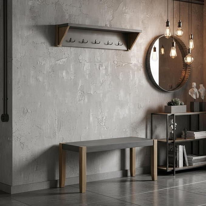 Alaterre Furniture Newport 40" Coat Hook with Shelf and Faux Concrete Bench Set