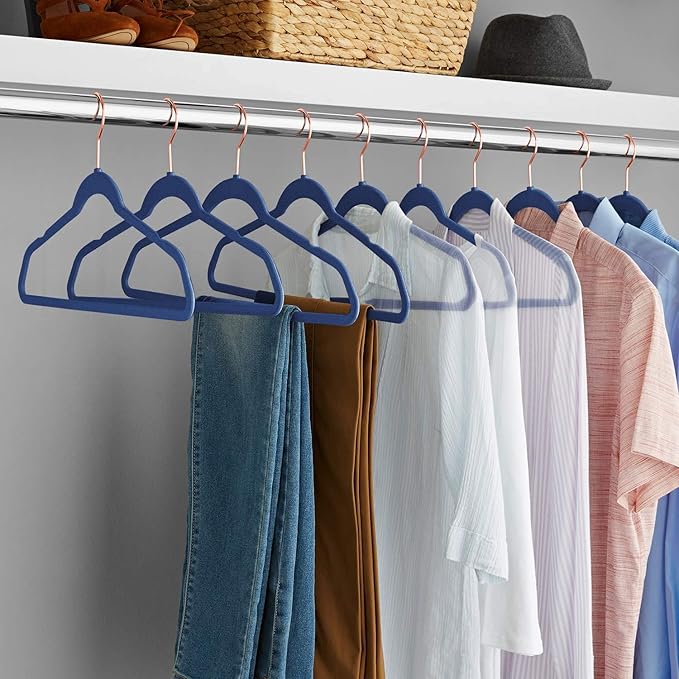 VECELO Premium Velvet Clothes Hangers Suit Heavy Duty (50 Pack)-Non Slip & Space-Saving with 6 Finger Clips & Tie Rack Excellent for Men and Women,Dark Blue