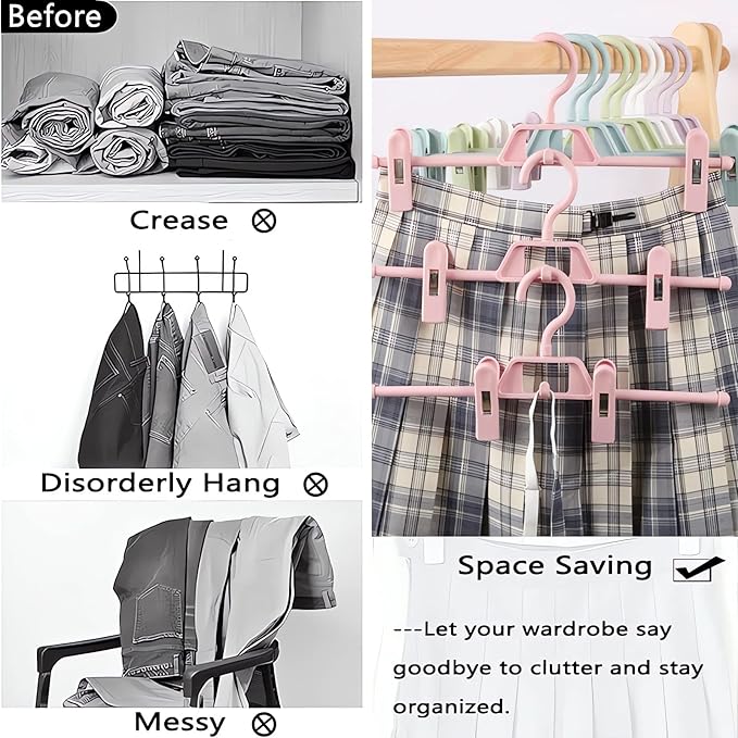 10 Pack Plastic Pant Hangers with Clips, Space Saving Skirts Hanger with 360°Rotating & Adjustable Clips, Stackable Clothes Hanger for Closet Organizer and Storage (Pink)