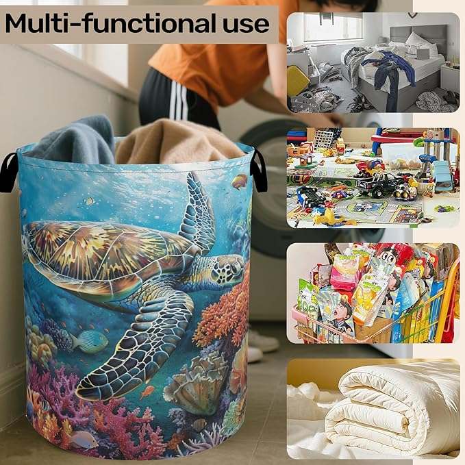 Sea Turtle Foldable Canvas Laundry Basket with Handles - Storage Organizer, Heavy Duty for Home，Bedroom, Dorm, Bathroom