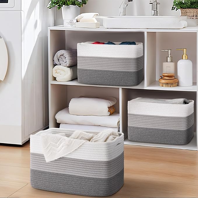 Baskets for Organizing,Storage Baskets,3 Pack Baskets for Shelfves,15"×10"×9" Woven Grey Basket,toy storage bins,bins for organization