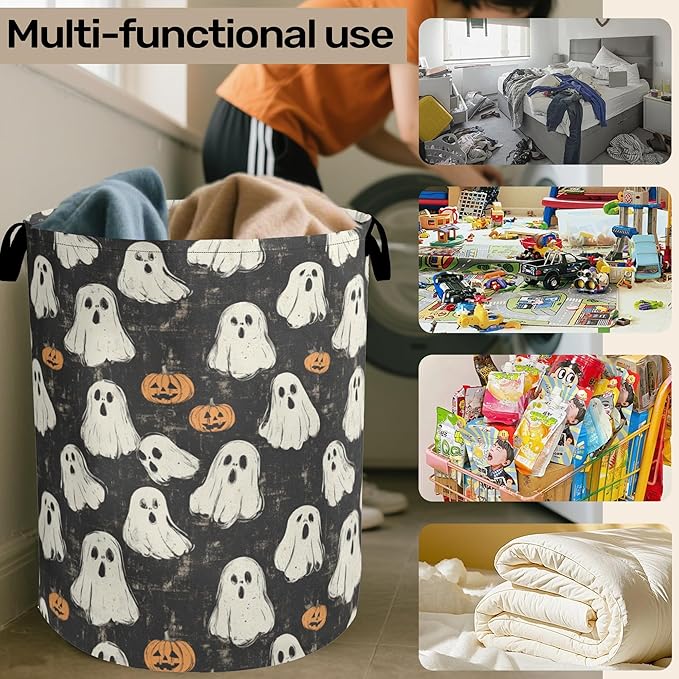 Halloween Ghost Pumpkin Large Clothes Hamper Bag - Laundry Basket with Handles, Space Saving Foldable Design for Nursery