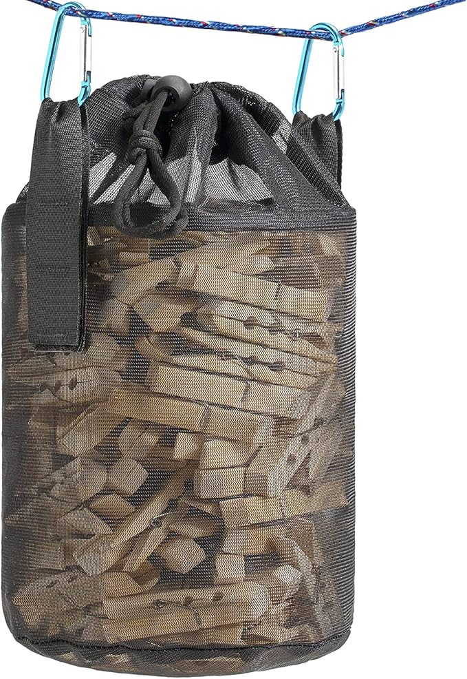 Mesh Clothespin Bag Holder Outside, Multiple Hanging Methods Clothes Pin Bag with Drawstring Closure, Ventilation and Moisture Resistance, Large-Capacity Clothespin Storage Organizer with Hooks