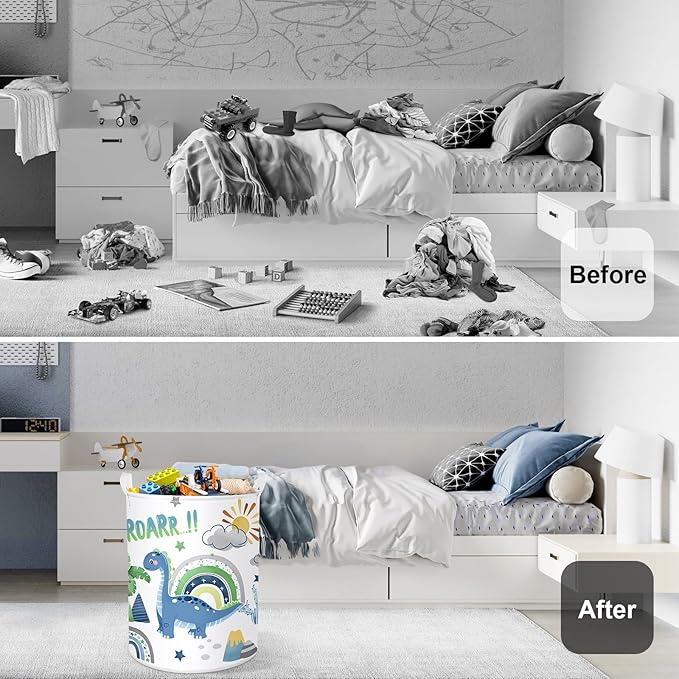 Dinosaur Laundry Hamper Large Storage Basket Cartoon Dino Collapsible Parents Organizer Kids Toy Clothes Bins for Bedroom, Bathroom, Palms, 63L