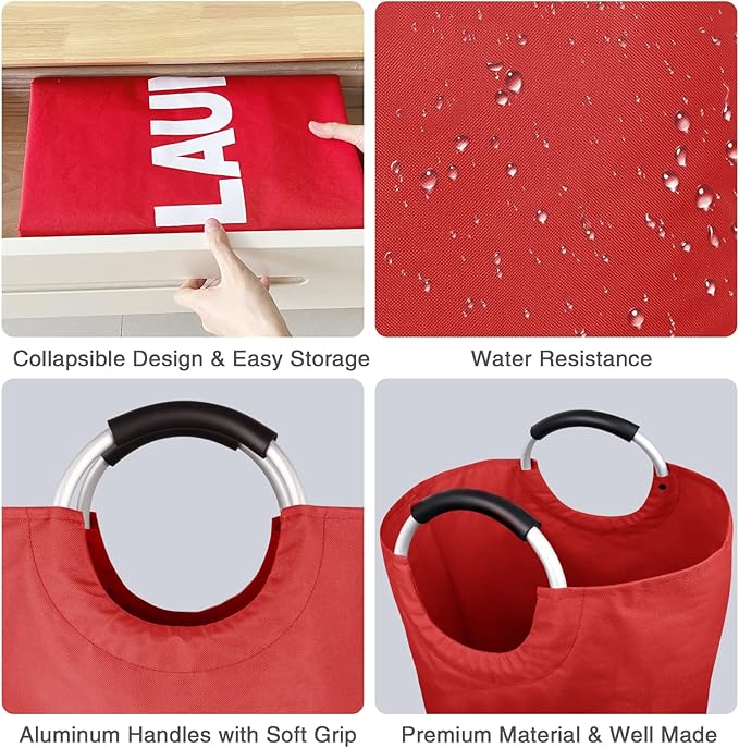 Large Laundry Basket Collapsible，Freestanding Clothes Hamper Bag with Handles – Tall Folding Dirty Laundry Bin，Sturdy Laundry Sorter for College Dorm，Laundry Room – 130L (Red)