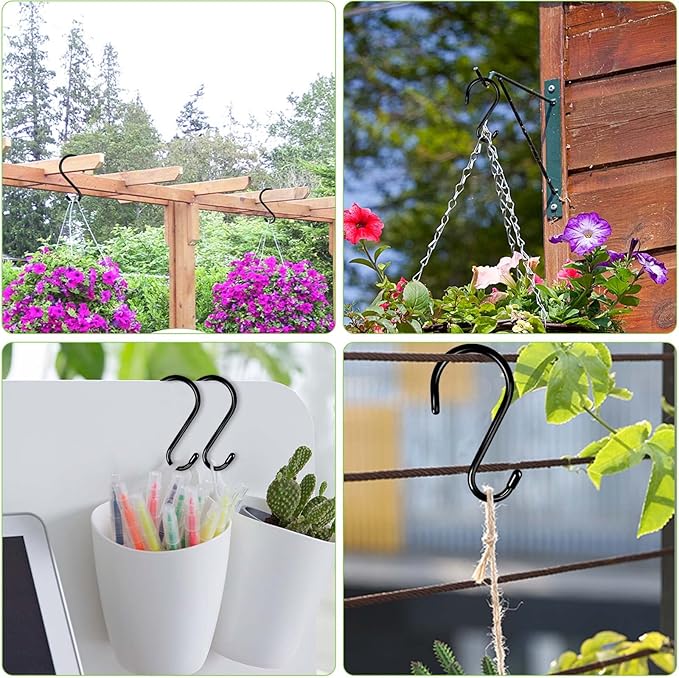 24 Pack Heavy Duty S Hooks, Non Slip Rubber Coated, 7mm Thick Metal Black S Hooks for Hanging Plants, Closet, Bird Feeders, Kitchen, Large Objects, Tools, Bikes