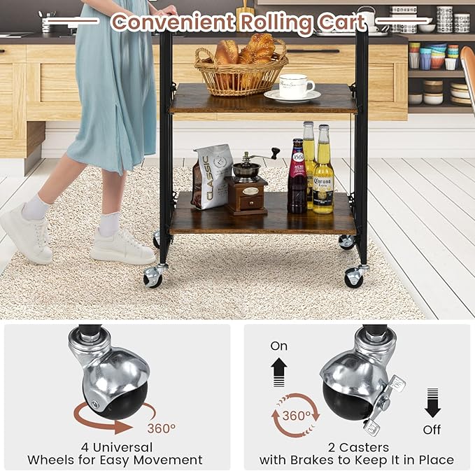 Giantex Foldable Storage Shelves with Wheels, No Assembly 2-Tier Rolling Cart, 2 of The Wheels Have Locks, Microwave Utility Cart Baker Rack, Portable Storage Rack w/Metal Frame, for Kitchen, RV