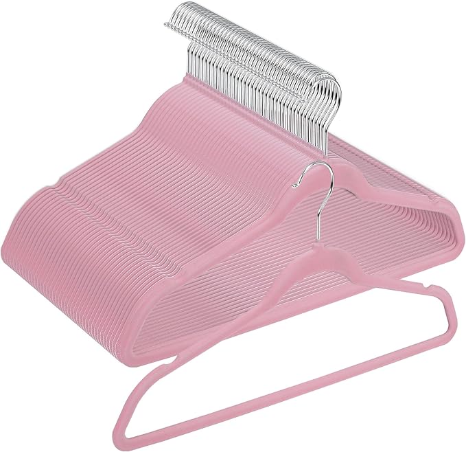 HomGarden 100 Pack Velvet Hangers Ultra Thin Non Slip Clothes Hanger Hook Swivel 360 Flocked & Durable Space Saving w/Bar for Garments, Suits, Dresses, Pants, Shirts, Coats,Pink