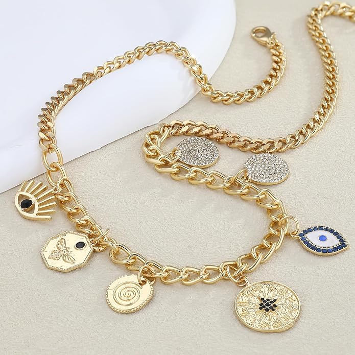 Chunky Gold Necklace for Women Gold Evil Eye Cowboy Pendant Necklace Dainty Paperclip Chain Vintage Luck Amulet Choker Necklaces Celestial Jewelry Gift