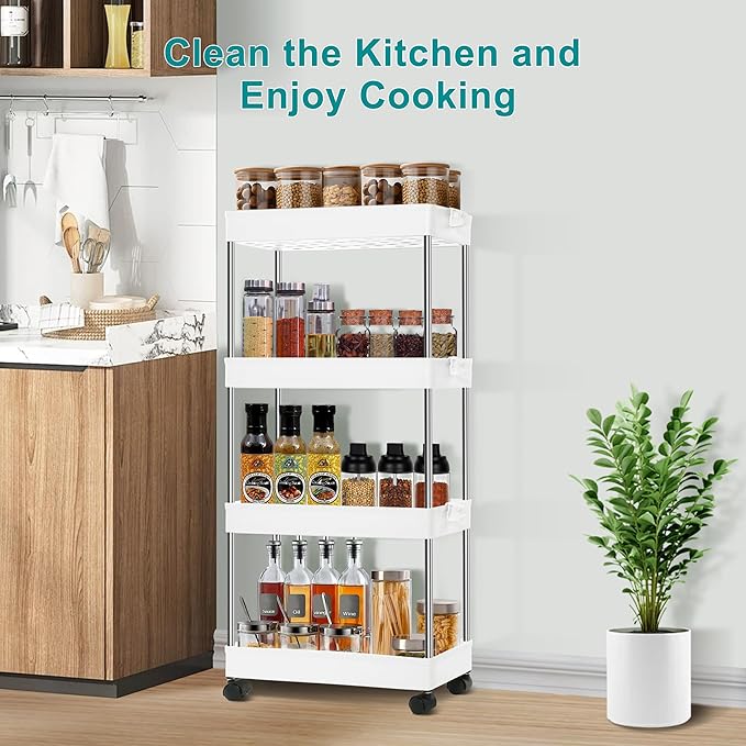 YSSOA Rolling Storage Cart, 4 Tier Slim Mobile Shelving Unit for Storage,360° Rotating Wheel Lockable Utility Cart,Great for Office, Kitchen, Bathroom, Laundry or Narrow Spaces, White