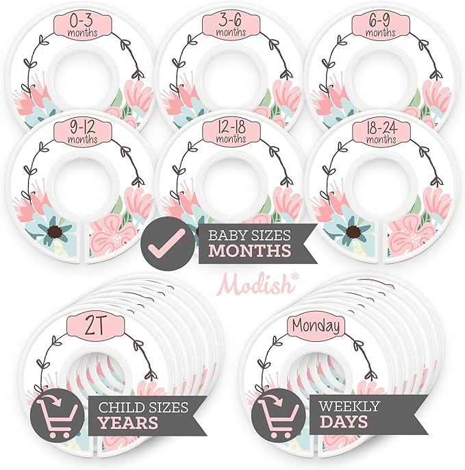 Nursery Organization Closet, Baby Clothes Hanging Size Dividers: Months & Years Sets, Girl Boho Chic Vintage Pink Floral Décor, Useful Nursery Organizer and Storage Baby Shower Registry Necessities