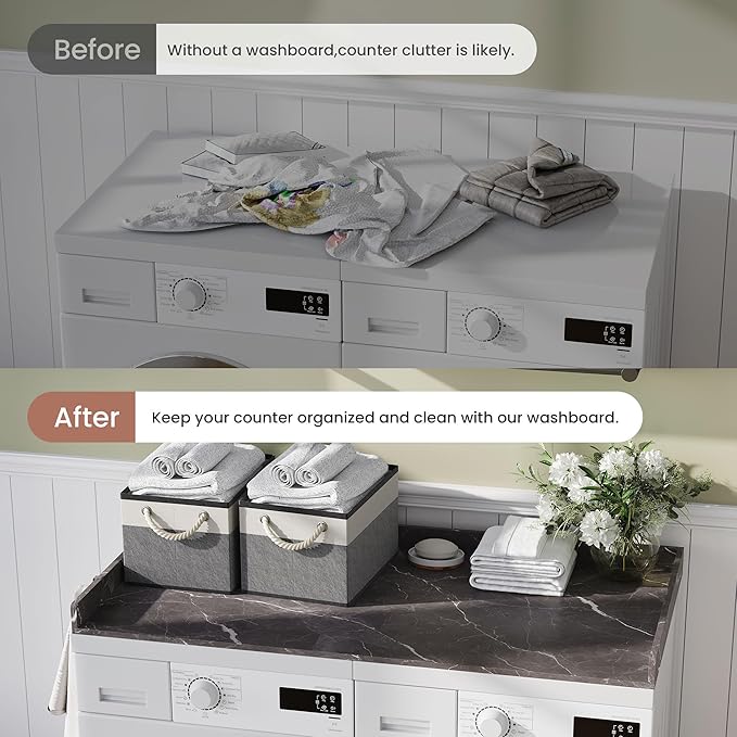 Washer Dryer Countertop – 54 x 27.6 Non-Slip Laundry Topper for Front-Load Washers & Dryers | Metal Hooks & Edge Rails | Includes 2 Storage Baskets for Organization