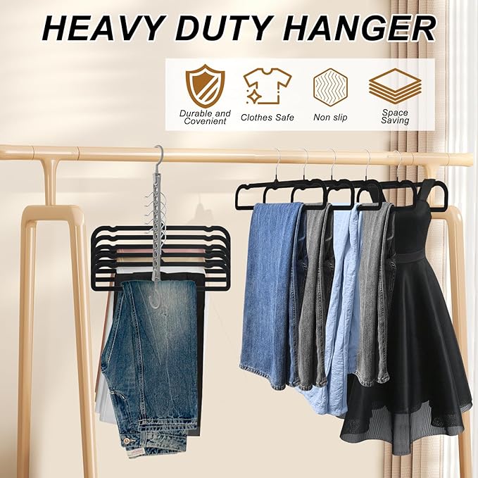 Velvet Pants Hangers Non Slip, 30 Pack Velvet Hangers for Closet with Porous Hooks, Strong Durable Space Saving Slim Clothes Hanger, Ultra Thin Flocked Hanger for Pants/Shirts/Bra/Shorts (Black)
