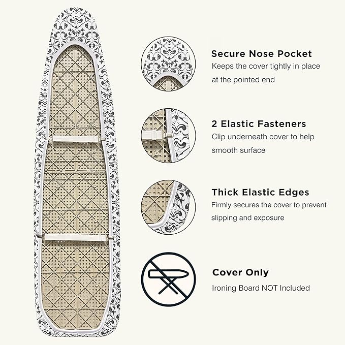 Ironing Board Cover and Pad 15"x54" Extra Thick Natural Cotton, Scorch and Stain Resistant Padding,Standard Size Iron Board Cover with Fasteners Heavy Duty Elastic Edge, Heatproof Ash