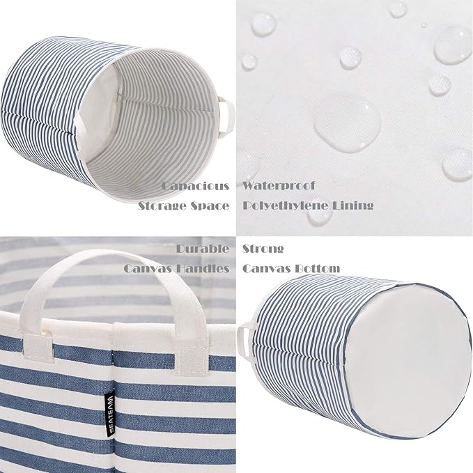 Sea Team 19.7 Inches Large Sized Waterproof Coating Ramie Cotton Fabric Folding Laundry Hamper Bucket Cylindric Burlap Canvas Storage Basket (19.7", Navy Blue & White Stripe)