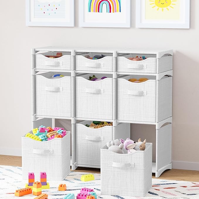 9 Cube Storage Organizer With Bins Included - Closet Storage With 9 Storage Bins - Easy To Assemble Storage Unit With Drawers - Closet Organization For Clothes, Bedroom, Nursery, & Toys (White-Grey)