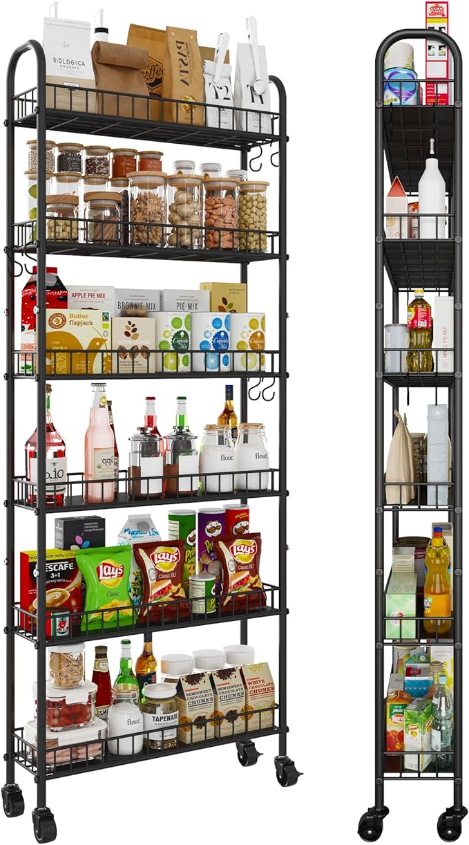 Slim Rolling Storage Cart with Wheels, 6-Tier Narrow Shelf Unit for Small Spaces, Metal Utility Cart, Skinny Storage Organizer for Bathroom Kitchen Laundry Room Narrow Places (Black)