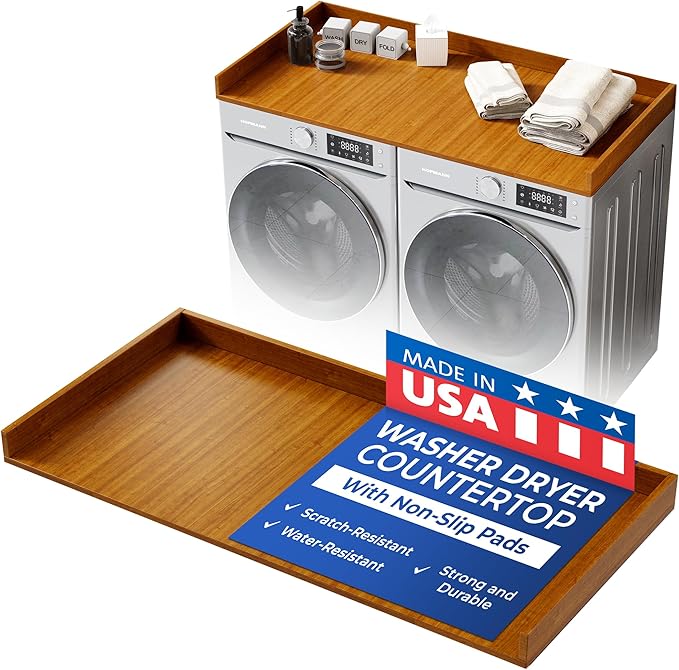 OfficeSimpli Washer Dryer Countertop, Made in USA, Non-Slip Pads, Laundry Room Wood Topper, Washer Dryer Cover for Top, Laundry Countertop, Laminate Finish (Cafe Latte, Standard (27.5" x 54"))