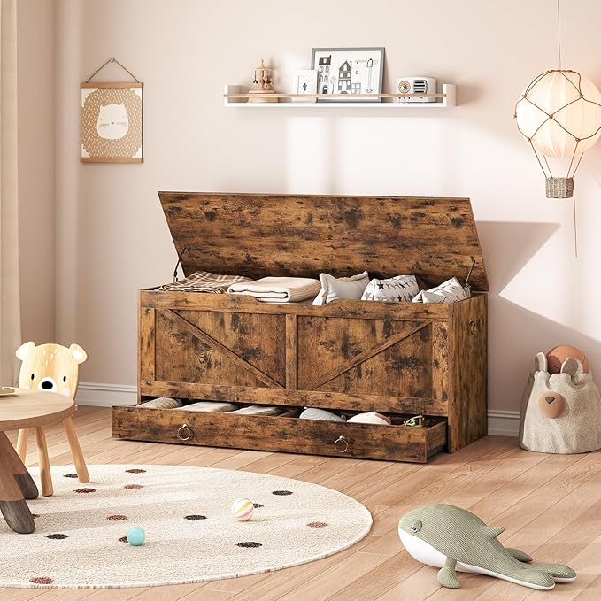 HOOBRO Storage Chest, 43.3" Toy Chest with Drawer, Wooden Storage Bench, Sturdy Entryway Bench Supports 220 lb, Shoe Bench, Safety Hinge, U-Shaped Opening, Easy Assembly, Rustic Brown FG711CW01G1