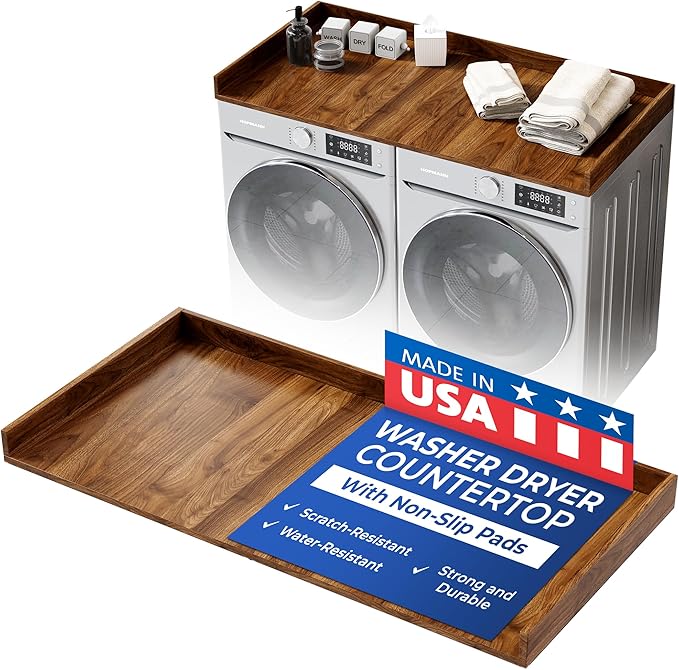 OfficeSimpli Washer Dryer Countertop, Made in USA, Non-Slip Pads, Laundry Room Wood Topper, Washer Dryer Cover for Top, Laundry Countertop, Laminate Finish (California Walnut, Standard (27.5" x 54"))