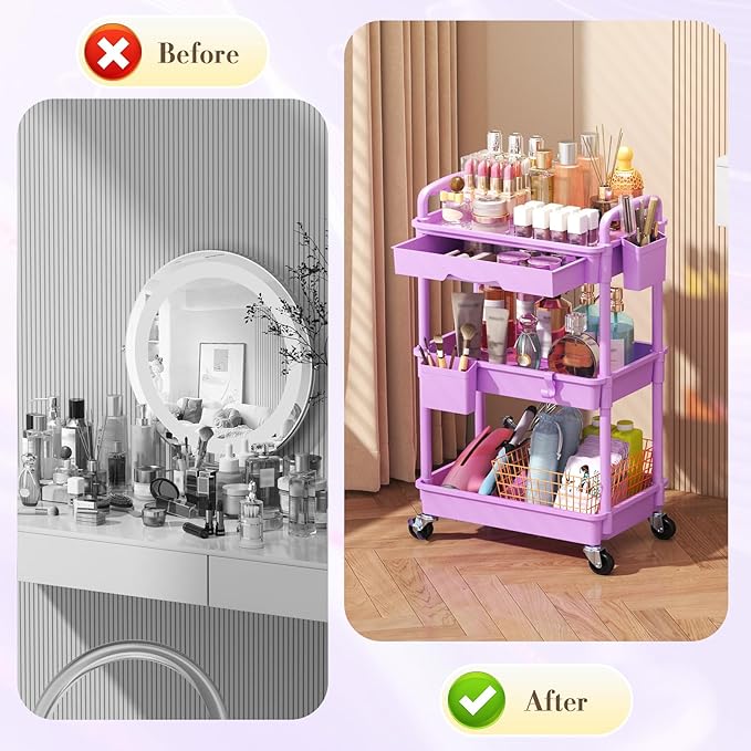 Makeup Cart Organizer with Drawers, Floor Skincare Organizers Vanity Storage Organizer, Rolling Makeup Bathroom Storage Cart Cosmetics Display Cases for Skin Care Perfume Nail Polish, Purple