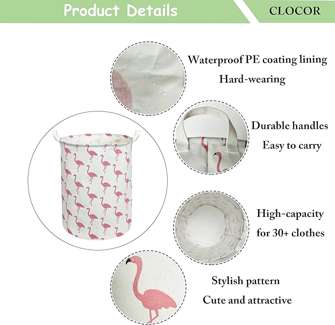 CLOCOR Large Pink Flamingo Laundry Hamper, Baby Girl Laundry Basket,Kids Toy Storage Bins,Nursery Decor,Bedroom,Bathroom,Gift Basket (White Flamingo)