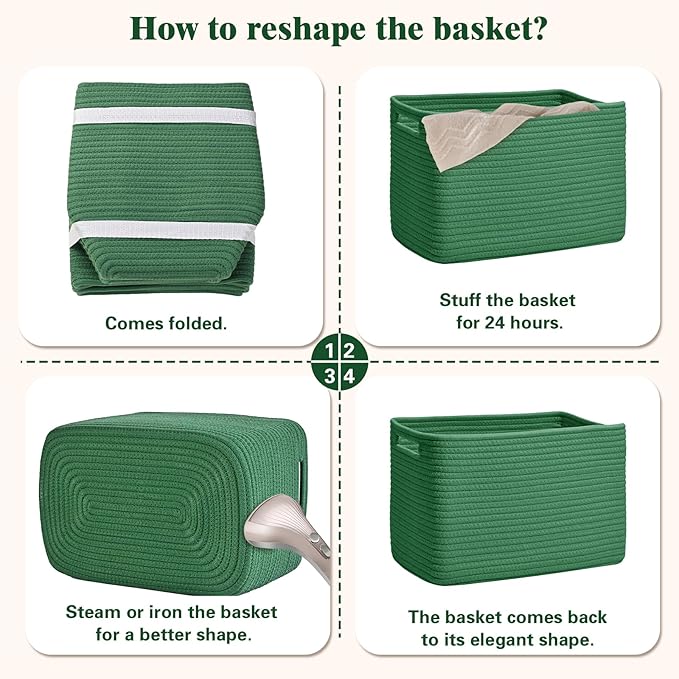 Storage Baskets for Organizing, 4 Pack Baskets for Shelves, Decorative Storage Bins for Shelves, Cotton Rope Storage Basket with Handles, Woven Basket for Storage, 13''Lx8.7''Wx7.9''H, Green