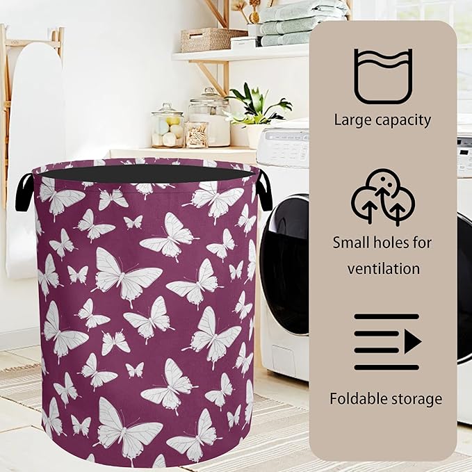 Purple Butterfly Silhouette Laundry Basket with Handles - Extra Large Foldable Hamper for Bathroom/Laundry/Bedroom/Dorm, Washable Fabric Storage Bin