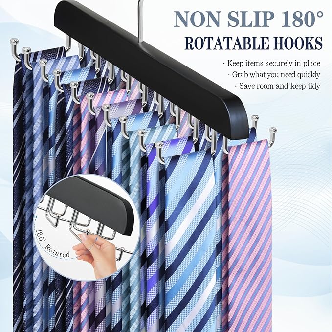 2 Pack Tie Rack Belt Hanger for Closet Upgraded Non Slip Tie Hanger Space Saving with 20 Foldable Hooks Wooden Belt Tie Organizer for Tank Tops Bras Cami Scarves