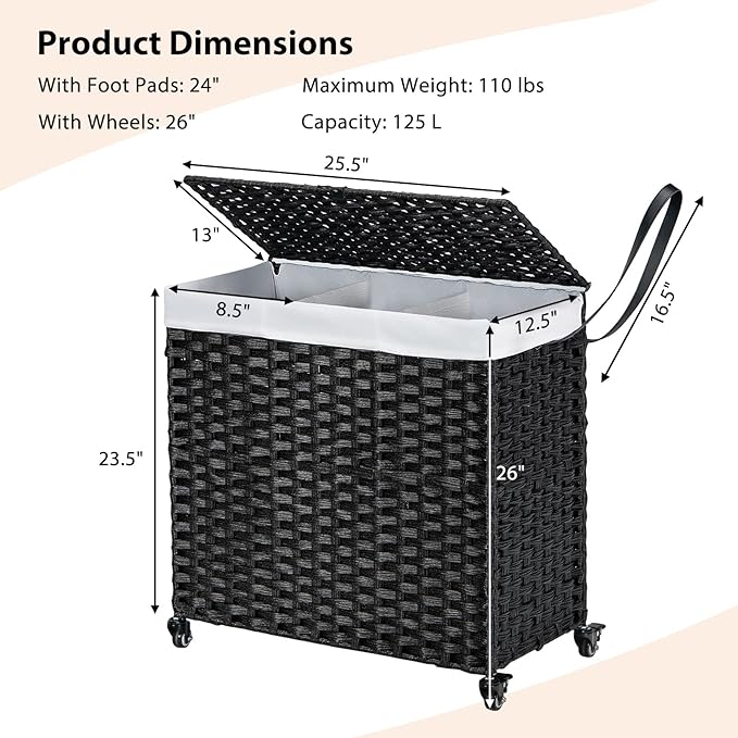 Giantex Laundry Hamper with Wheels and Lid, 125L Rattan Clothes Hamper with 2 Removable Liner Bags & Handle, 3-Section Foldable Laundry Sorter, Rolling Wicker Laundry Basket for Bathroom(Black)