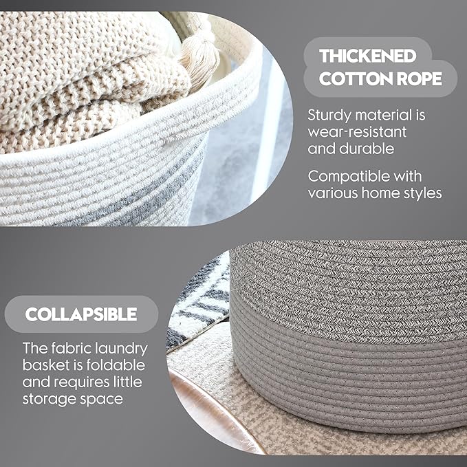 Sea Team Large Size Cotton Rope Woven Storage Basket with Handles, Laundry Hamper, Fabric Bucket, Drum, Clothes Blankets Organizer for Kid's Room, 18 x 20 inches, Round Open Design, White & Grey
