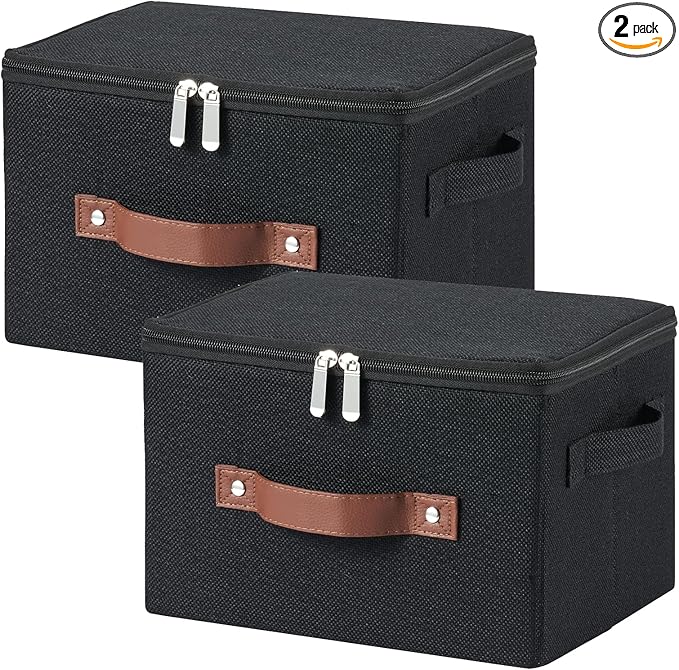 2 Pack Storage Bins with Zipper Lid Cotton Linen Fabric Lidded Storage Baskets Boxes Foldable Washable Closet Shelf Clothes Organizer Container with PU Leather Handles (Black, Small Size)