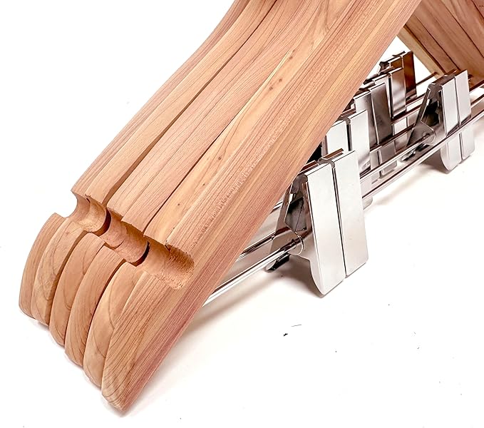 Cedar Elements Big Kids Cedar Hangers – French Flat Top Style 12 Pack for Kids Size 4T-10 (with Metal Clips for Pant Skirt Hanging)
