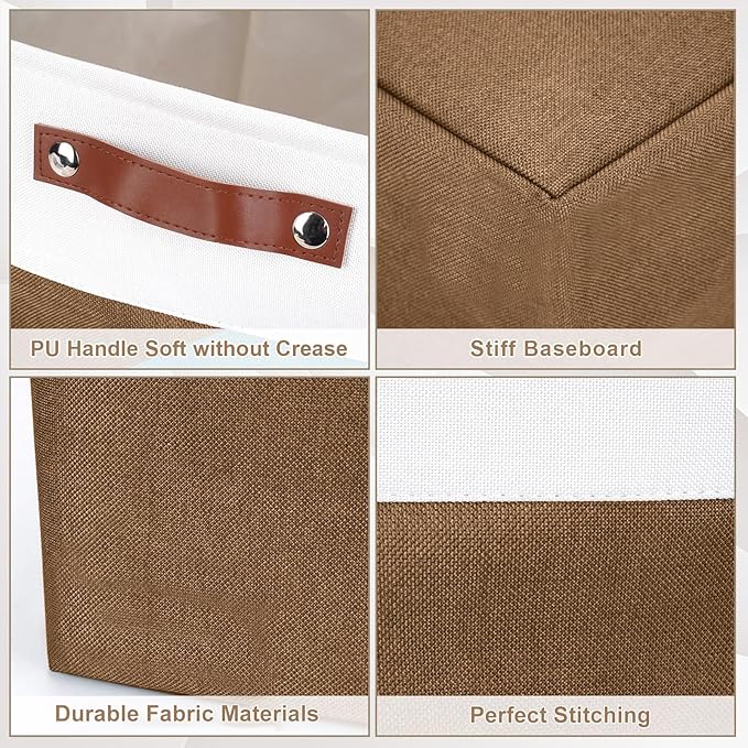 13x13 Cube Storage Bins, Collapsible Fabric Storage Box, 4 Pack Closet Baskets with Handles for Organizing, Shelf, Toys, Clothes, Home, Office, Nursery (Brown&White)