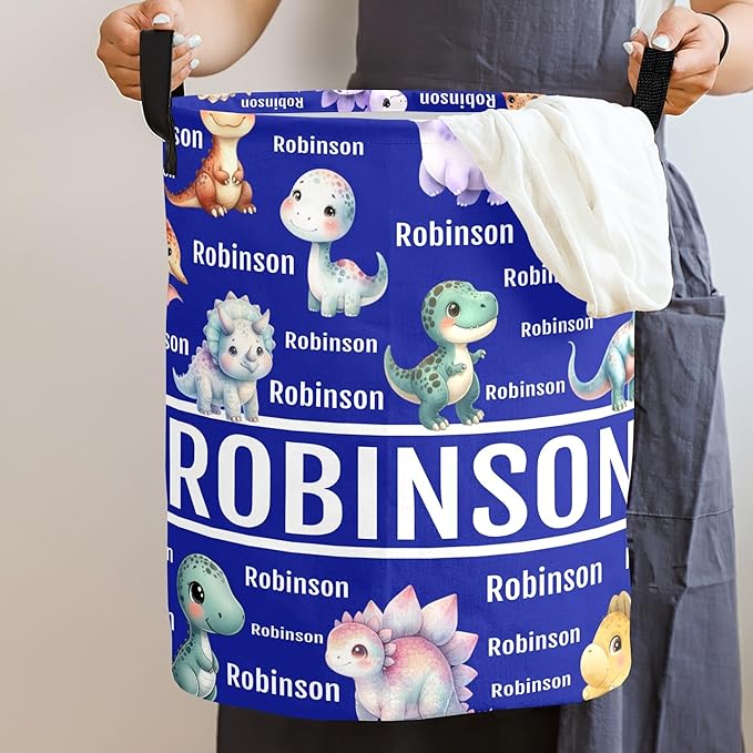 Large Custom Name Laundry Hamper, Dinosaur Personalized Dirty Clothes Hamper Storage Basket with Name for Bathroom Bedrooms, Customized Name Circular Hamper with Handles for Baby Boys Girls Men Women