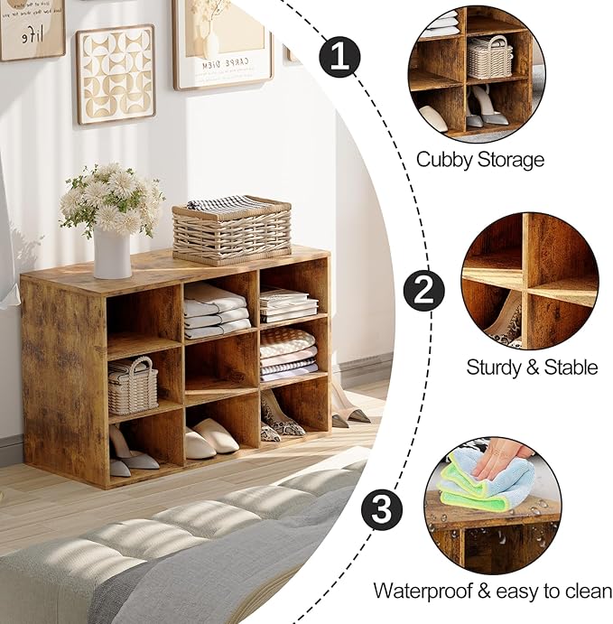 9-Cubby Shoe Rack, 3-Tier Wood Shoe Organizer, Multifunctional Shoe Organizer Bench for Entryway, Mudroom, Hallway, Closet,27.5 * 11.81 * 17.72 Inch,Brown