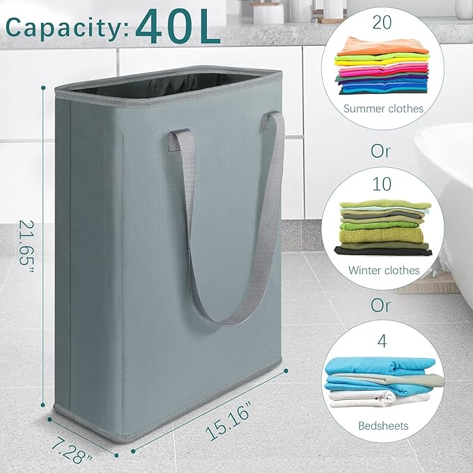 40L Slim Laundry Hamper with Padded Handles, 22” Foldable Narrow Laundry Basket for Small Spaces, College Dorm, Closet, Bedroom & Bathroom