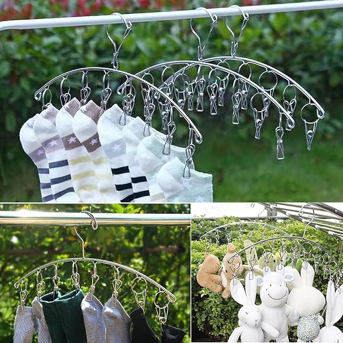 Stainless Steel Laundry Drying Rack Clothes Hanger with Windproof Hook,Underwear Hanger,Clothes Hangers with 8 Clips for Drying Socks,Diapers,Baby Clothes(2 Pack)
