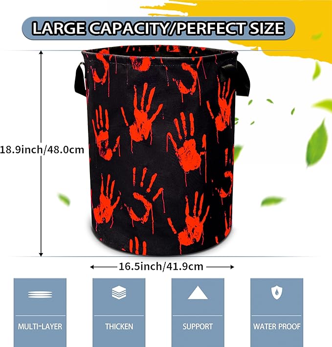 Blood Spatter Hand Print Laundry Basket Blood Drop Pattern Foldable Oxford Cloth Funny Tote Bag Laundry Hamper Clothes Storage Bucket Organizer For Bathroom/Laundry/Bedroom 18.9x16.5in