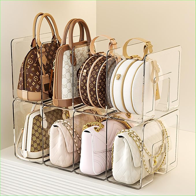 2 PCS Acrylic Purse Organizer for Closet, 8-Slot Bag & Purse Organizer, No Assembly, Clear Handbag Storage Shelf for Shelf Divider Handbags, Clothes, Sweater