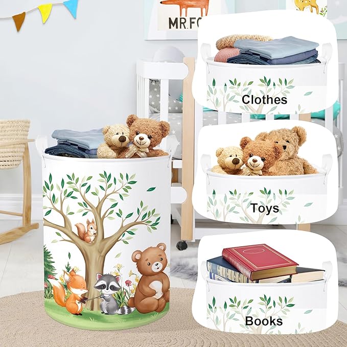 Forest Animals Laundry Hamper Woodland Tree Large Storage Basket Parents Organizer Kids Clothes Toy Bins for Bedroom, Bathroom, Bear, 63L