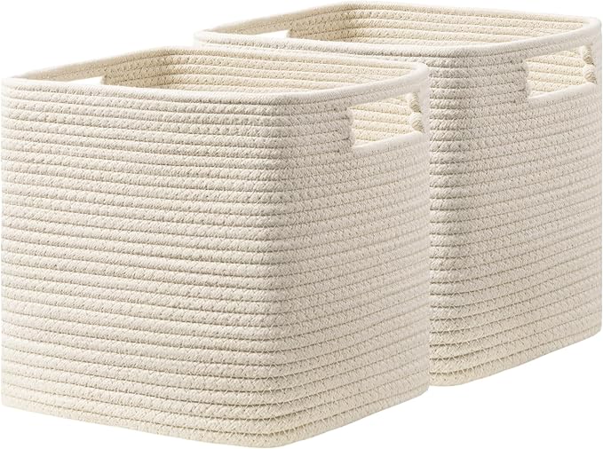 UBBCARE Set of 2 Kallax Storage Cubes-13 ×15 ×13 Inch, Cotton Rope Basket for Shelves, Toys, Book, Cube Storage Bin with Handles, Woven Storage Basket for Organizing, Beige
